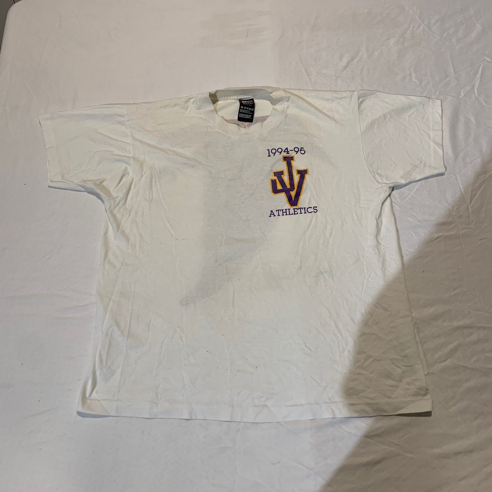 Vintage 90s Fruit of the Loom JV Athletics T-Shirt XL White Single Stitch 1994